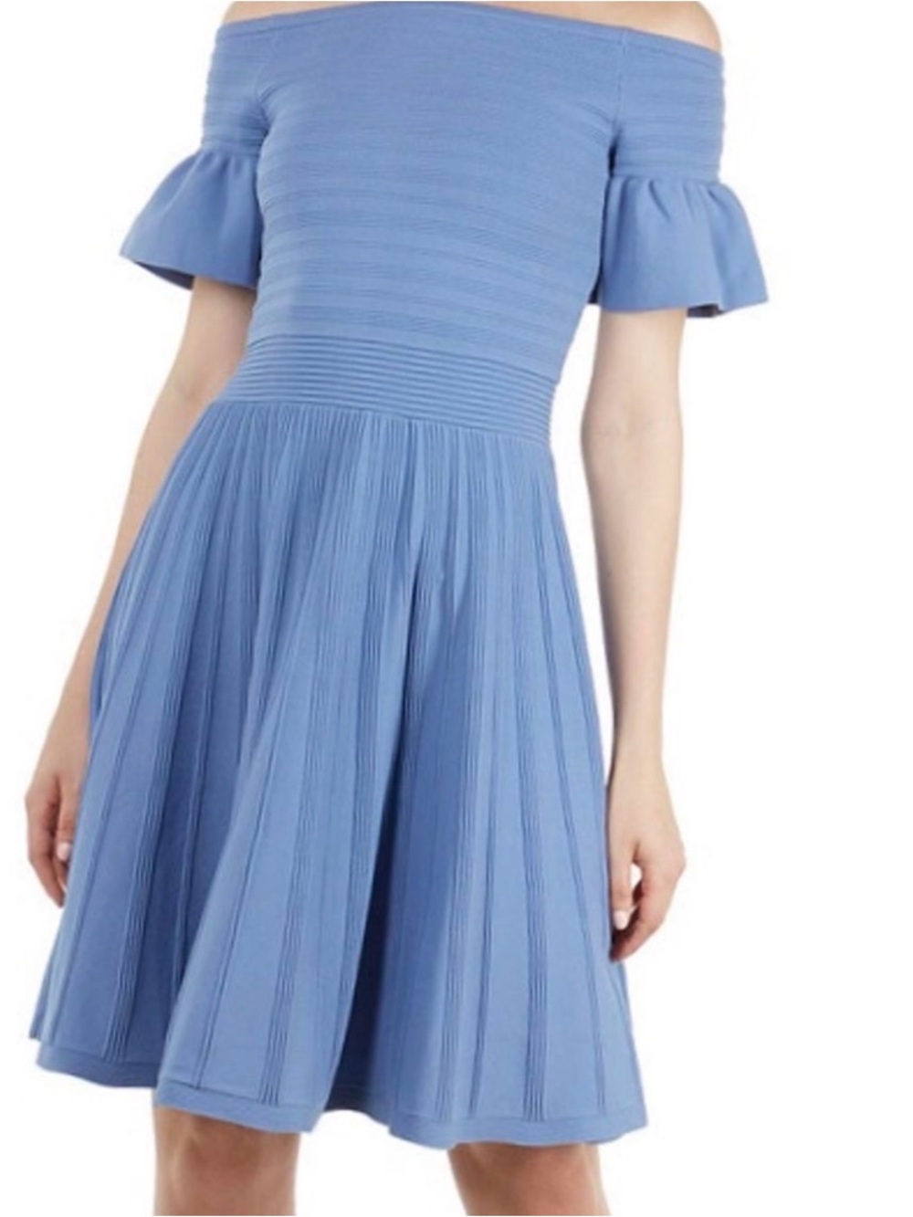 Ted Baker Criptum Rib Frill Bardot Off The Shoulder Blue Dress Size 2‎ is US 4 6
